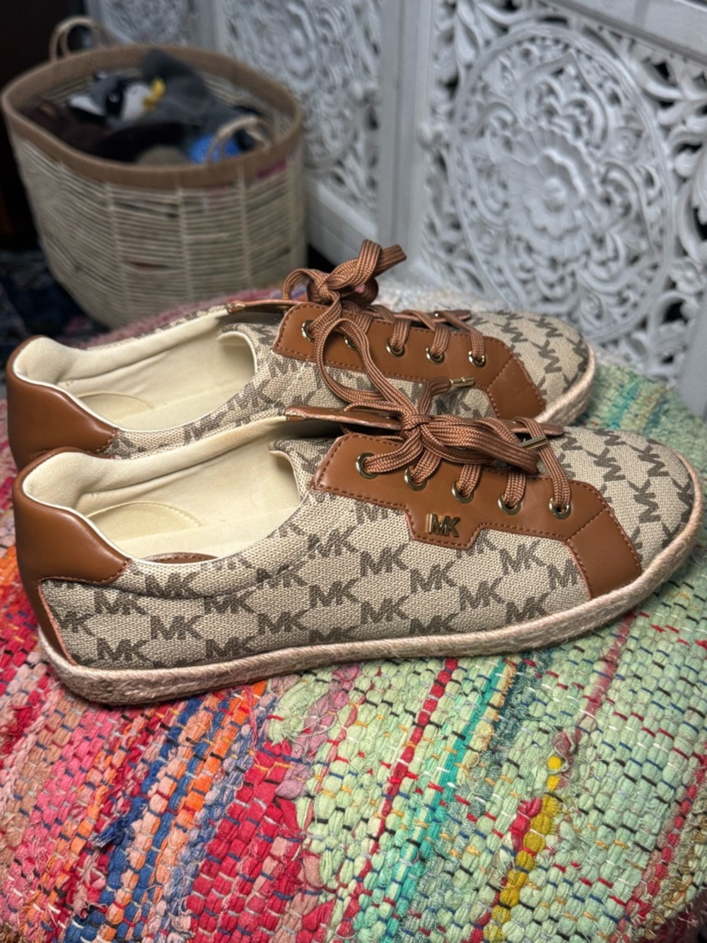 Michael Kors Bryson Beige Canvas MK Logo Sneakers with Brown Trim espadrille - Picture 3 of 6